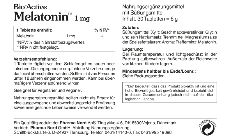 Bio Melatonin 1 mg - Schlaf und Jetlag - Freie Lieferung